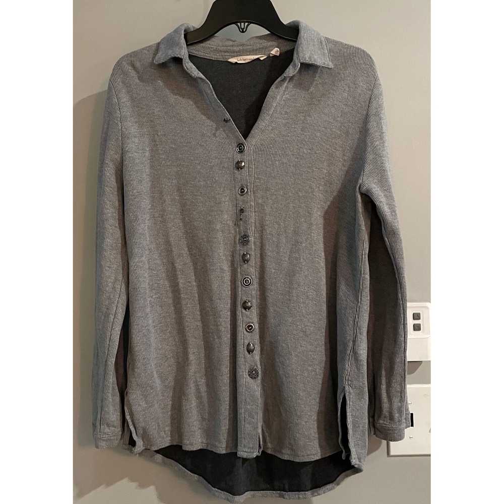 Soft Surroundings Top Waffle Knit Tab Sleeves Cotton Button Up‎ Womens Medium